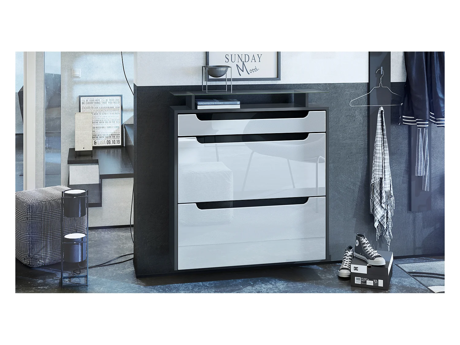 SCHUHSCHRANK Annie Fronten in Weiß Hochglanz, Griffmulden in Schwarz Hochglanz