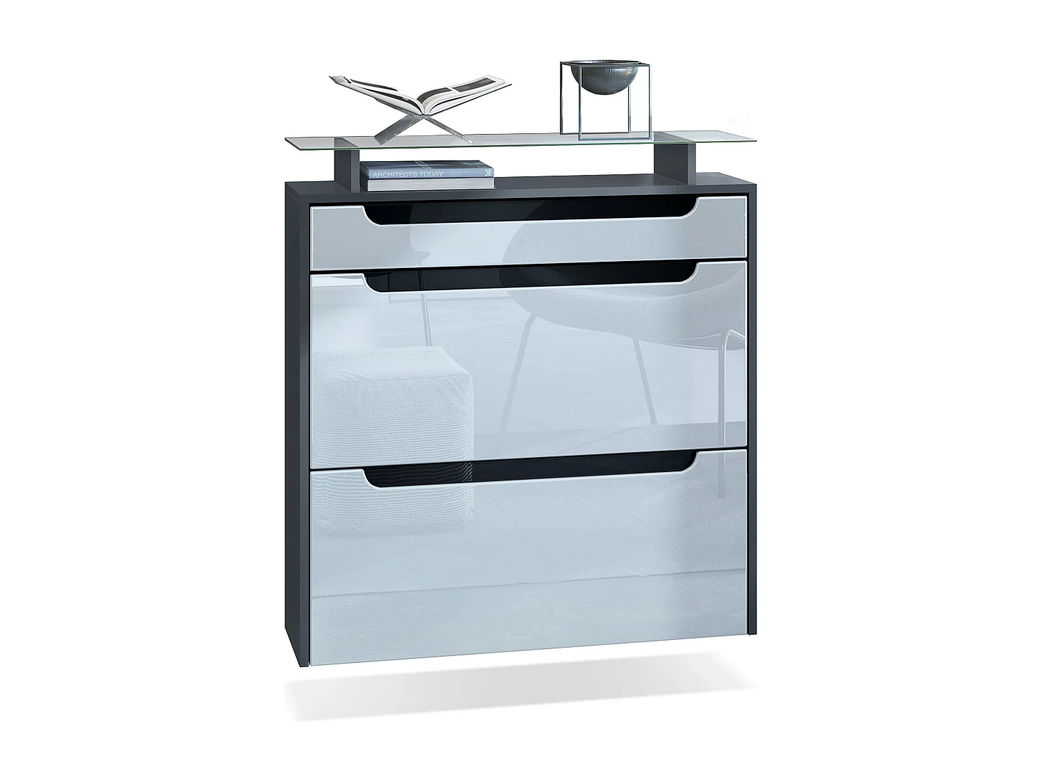 SCHUHSCHRANK Annie Fronten in Weiß Hochglanz, Griffmulden in Schwarz Hochglanz