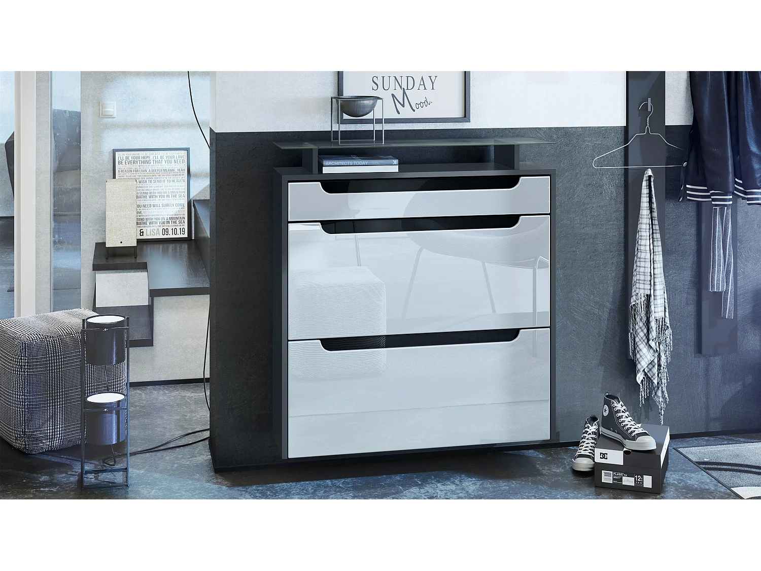 SCHUHSCHRANK Annie Fronten in Weiß Hochglanz, Griffmulden in Schwarz Hochglanz