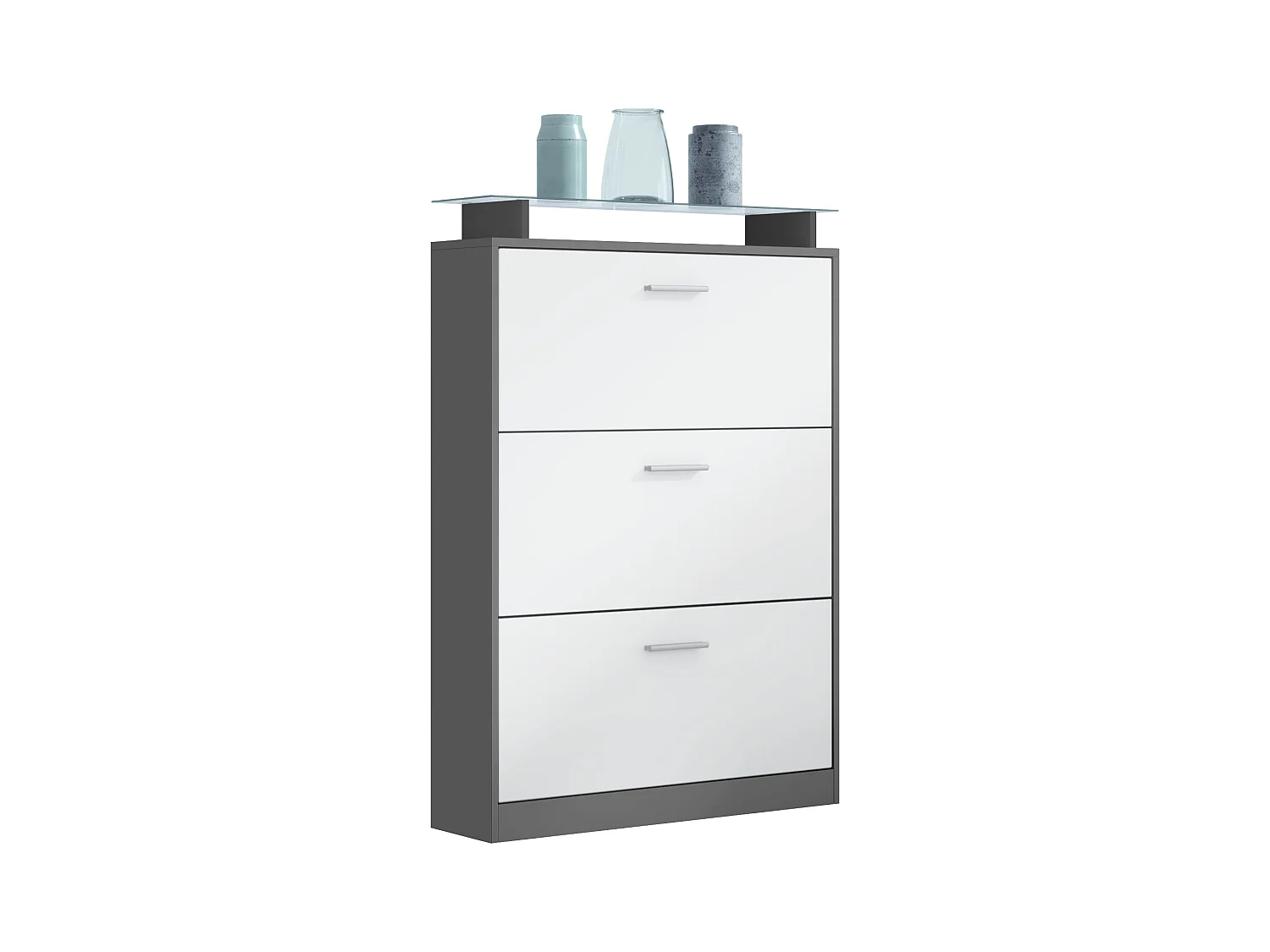 Scarpiera Lavia, Scarpiera a ribalta per 24 paia di scarpe con 3 ante a ribalta e ripiano in vetro, antracite opaco /bianco opaco (89 x 128 x 23 cm)