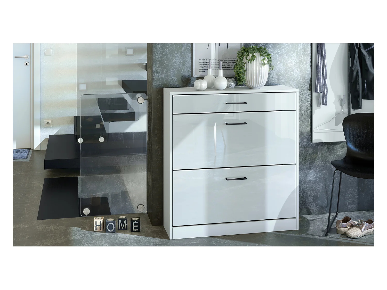 Armoire à chaussures inclinable Elvas 89 x 95,5 x 27 cm, caisson en blanc mat, façade en Blanc laqué haute brillance