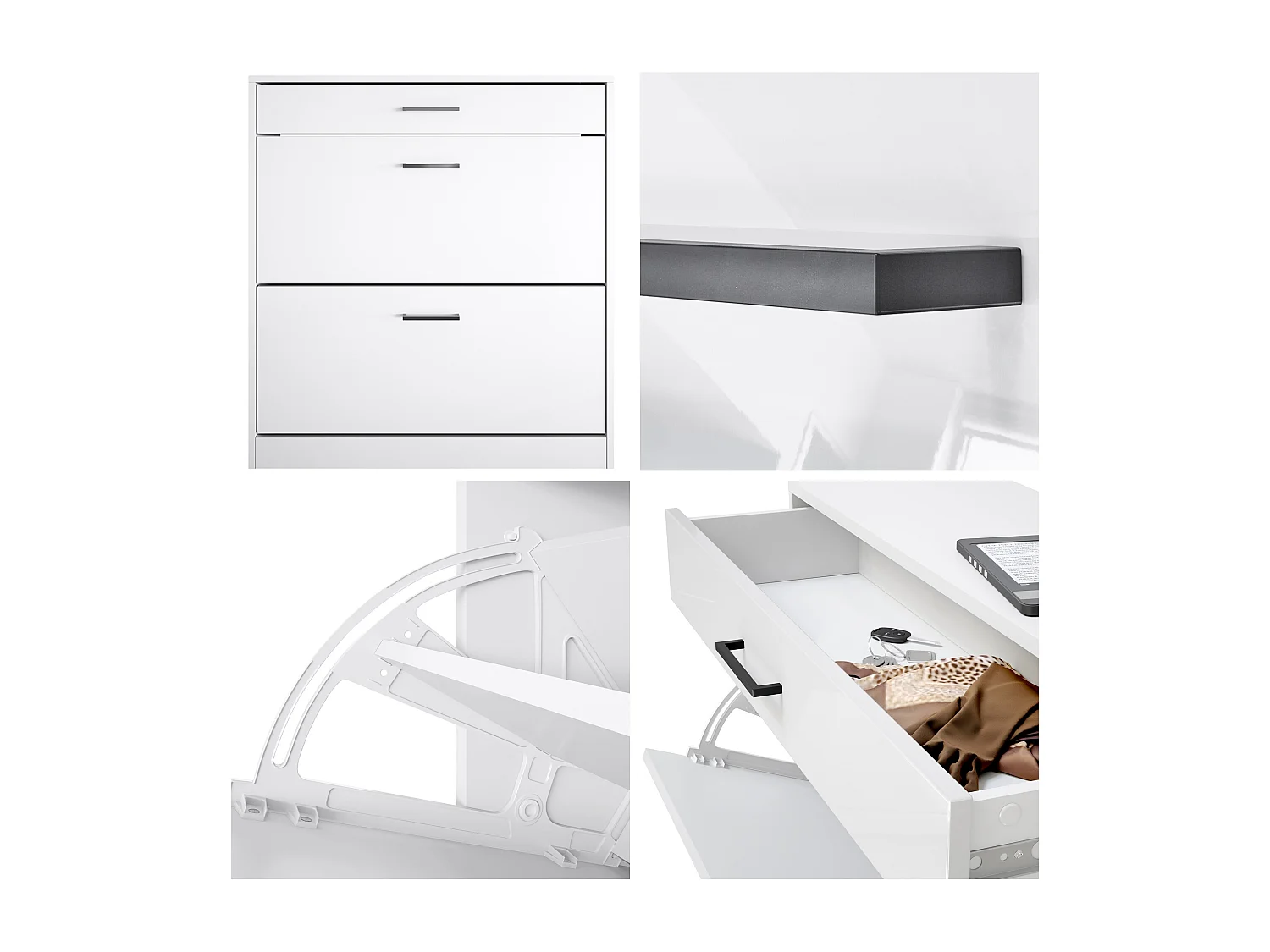 Mobiletto scarpiera Elvas 89 x 95,5 x 27 cm, Struttura in bianco opaco, frontale in bianco lucido.