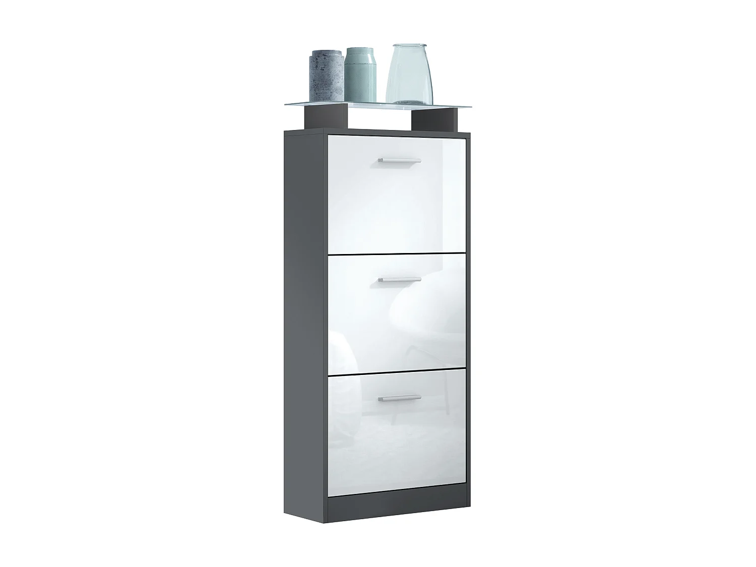 Vladon Scarpiera Lavia V2, Scarpiera per 12 Paia di Scarpe con 3 Ribalte e Mensola in Vetro, antracite opaco /bianco lucido (46 x 128 x 23 cm)