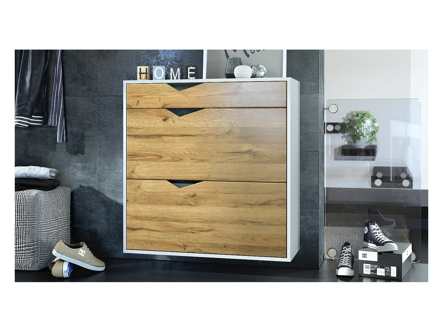 Armoire à chaussures Kolmio 85 x 87 x 33 cm, corps en blanc mat, façades en Chêne Nature | Grand choix de couleurs