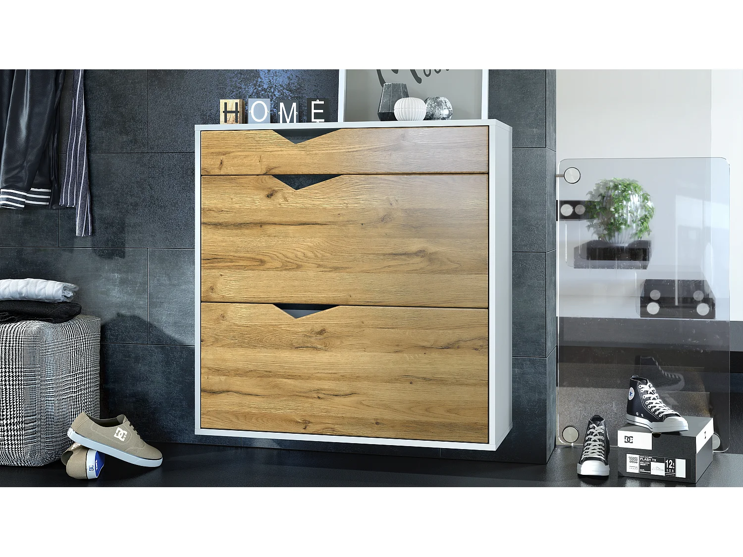 Scarpiera Kolmio 85 x 87 x 33 cm, struttura in Bianco opaco, frontali in Rovere Nature | Vasta scelta di colori