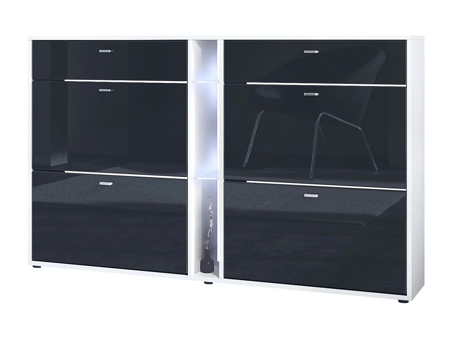 Scarpiera Today con 4 ante e 2 cassetti 155,5 x 95 x 28 cm, con illuminazione LED bianca, struttura in bianco opaco, frontali in nero lucido