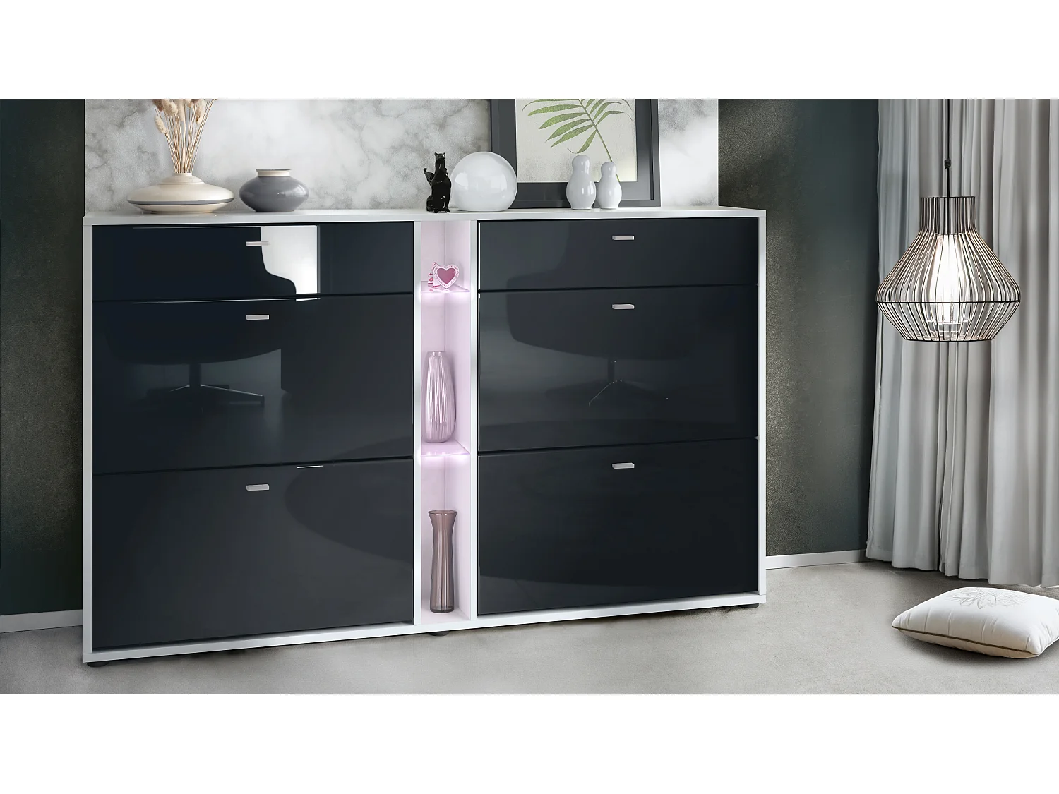 Scarpiera Today con 4 ante e 2 cassetti 155,5 x 95 x 28 cm, con illuminazione LED bianca, struttura in bianco opaco, frontali in nero lucido