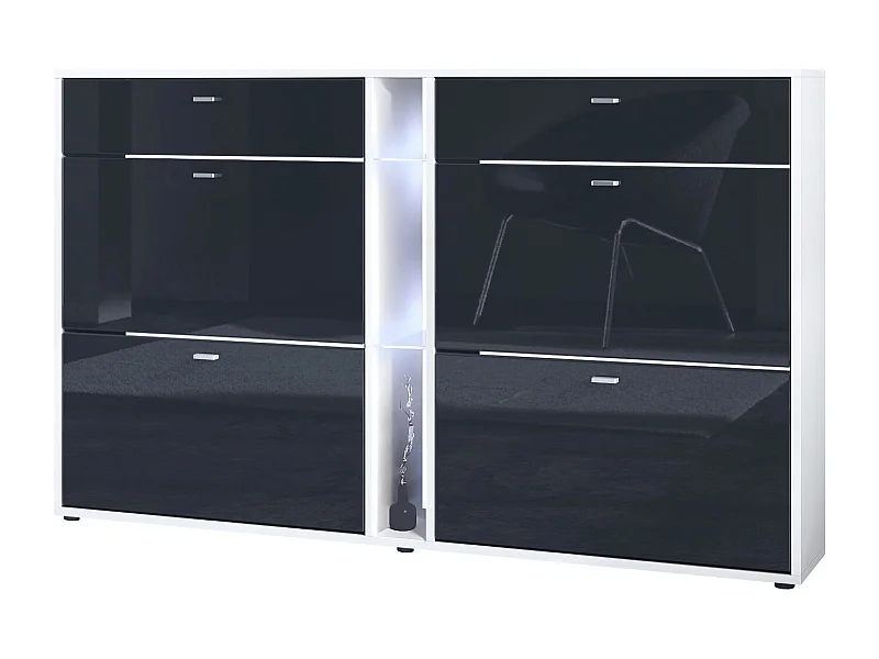 Zapatero con solapas Today 155,5 x 95 x 28 cm, con iluminación LED blanca, estructura en Blanco mate, frentes en negro de alto brillo