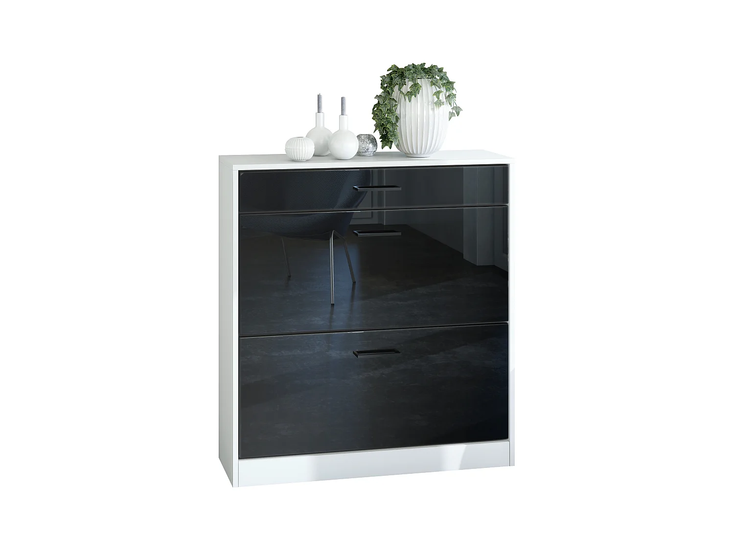 Armoire à chaussures inclinable Elvas 89 x 95,5 x 27 cm, caisson en blanc mat, façade en Noir laqué haute brillance