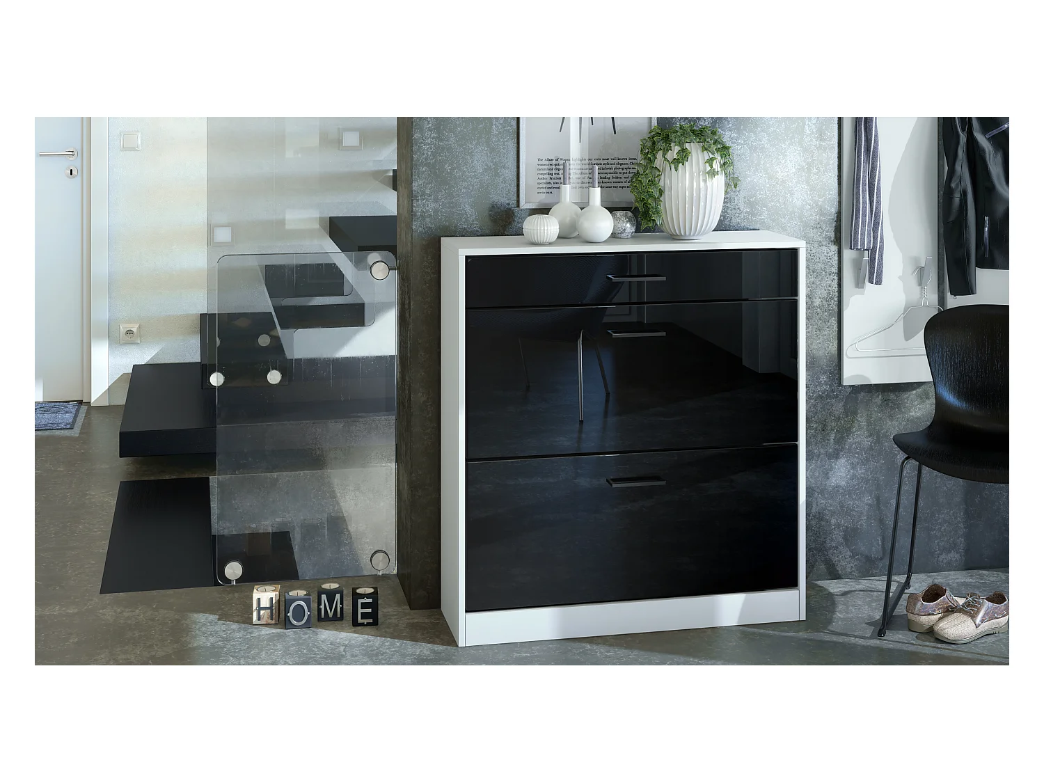 Armoire à chaussures inclinable Elvas 89 x 95,5 x 27 cm, caisson en blanc mat, façade en Noir laqué haute brillance