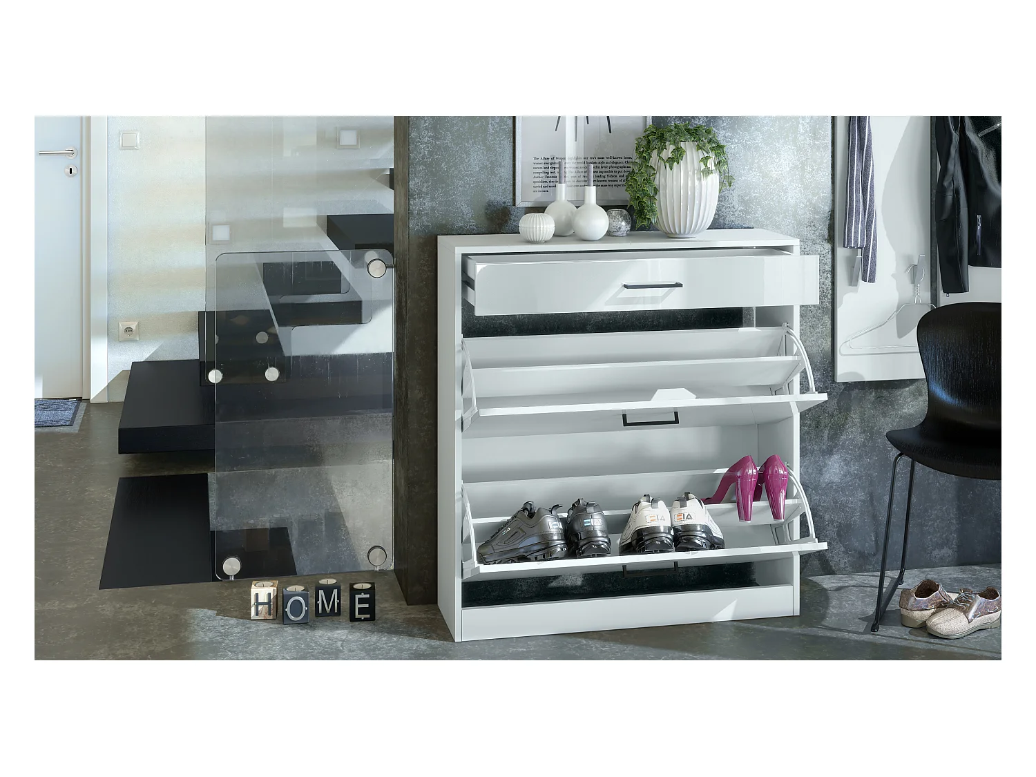 Armoire à chaussures inclinable Elvas 89 x 95,5 x 27 cm, caisson en blanc mat, façade en Noir laqué haute brillance