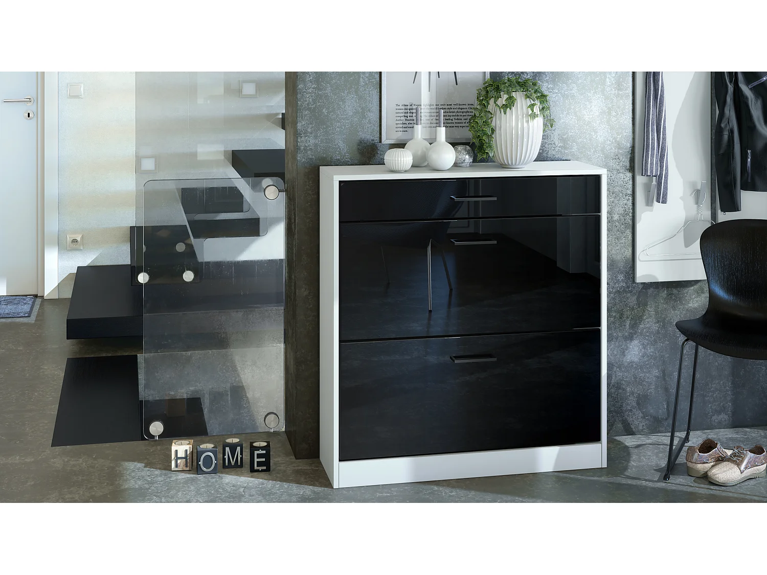 Mobiletto scarpiera Elvas 89 x 95,5 x 27 cm, Struttura in bianco opaco, frontale in nero lucido | Molteplici opzioni di colore