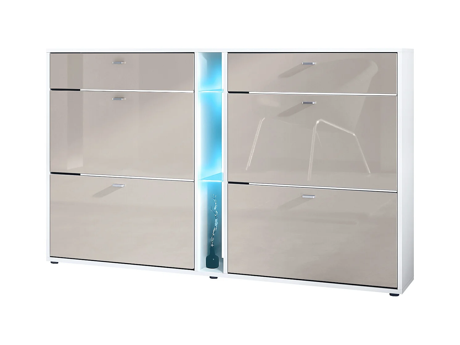 Meuble à chaussures à bascule Today 155,5 x 95 x 28 cm, avec un éclairage LED bleu, corps en Blanc mat, façades en gris sable haute brillance