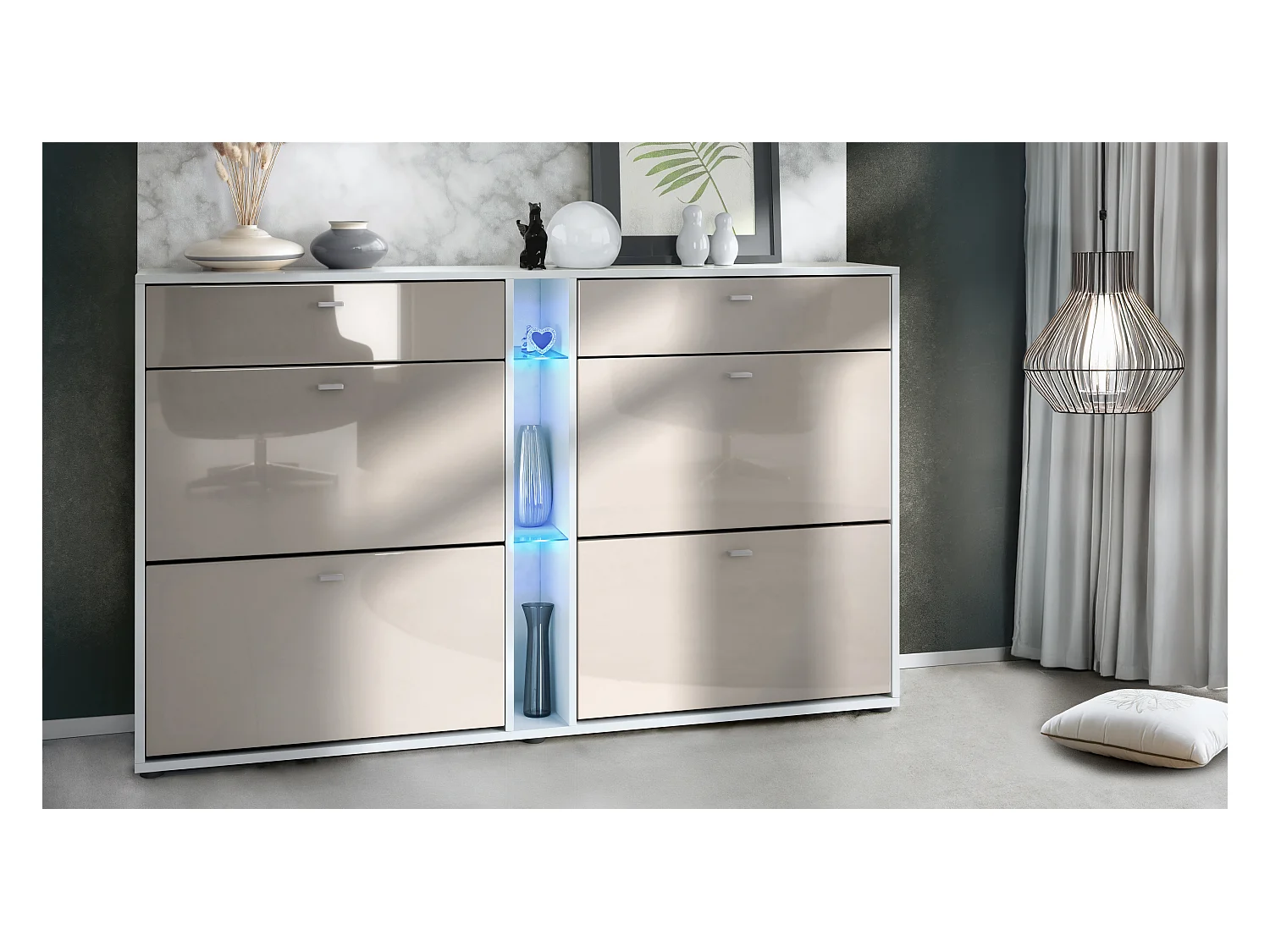 Meuble à chaussures à bascule Today 155,5 x 95 x 28 cm, avec un éclairage LED bleu, corps en Blanc mat, façades en gris sable haute brillance