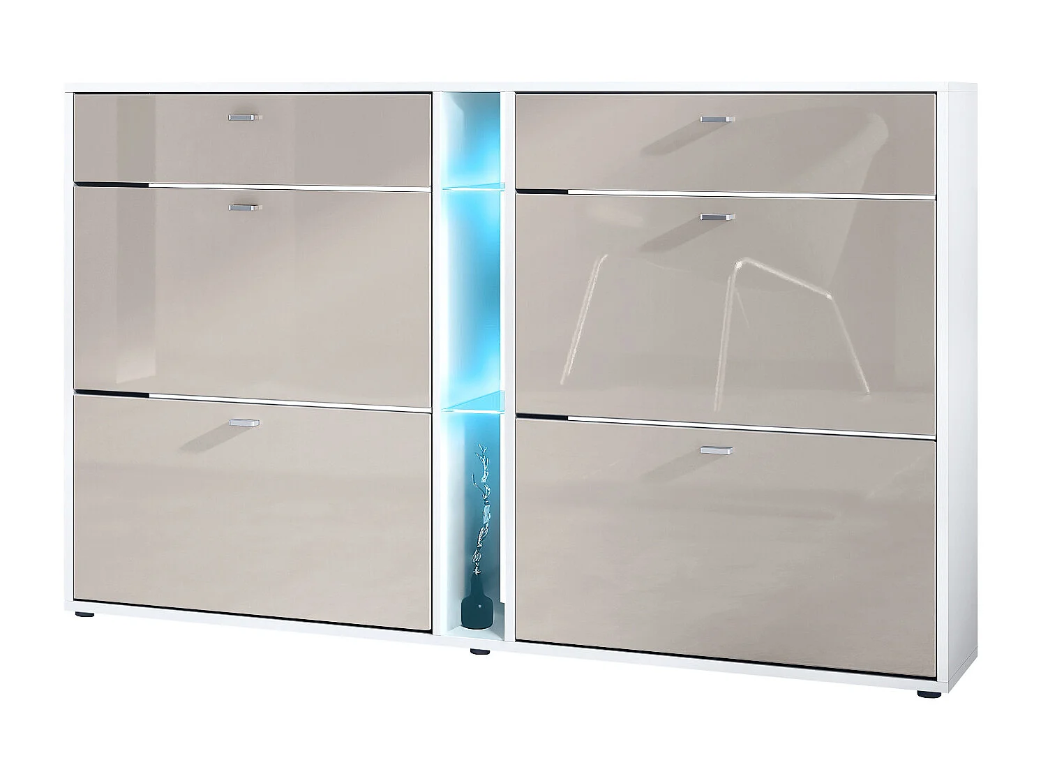 Meuble à chaussures à bascule Today 155,5 x 95 x 28 cm, avec un éclairage LED bleu, corps en Blanc mat, façades en gris sable haute brillance