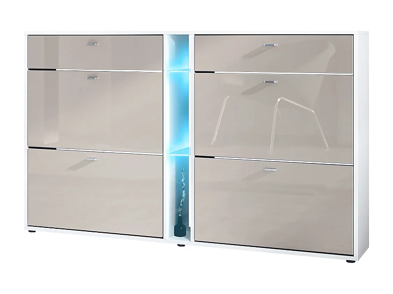 Scarpiera Today con 4 ante e 2 cassetti 155,5 x 95 x 28 cm, con illuminazione LED blu, struttura in bianco opaco, frontali in grigio sabbia lucido