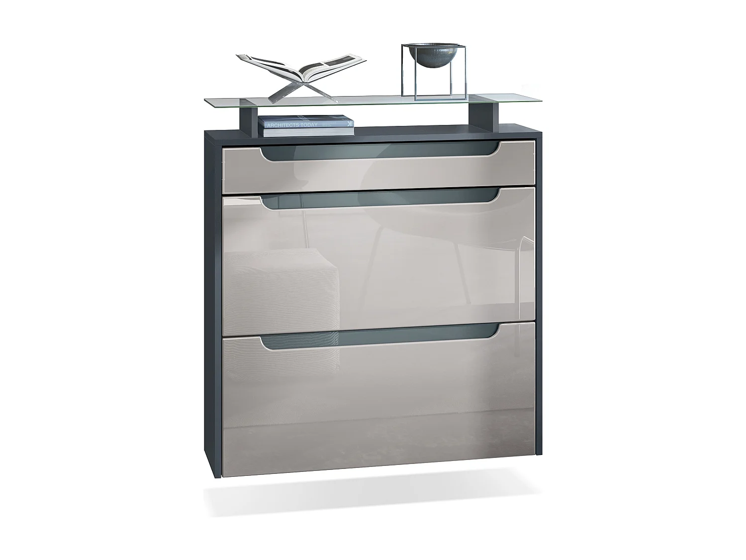 Scarpiera  Annie per 16 paia di scarpe con 2 ante a ribalta e ripiano in vetro, opaco antracite/grigio sabbia, maniglie incassate in grigio lucido (89 x 96 x 23 cm)