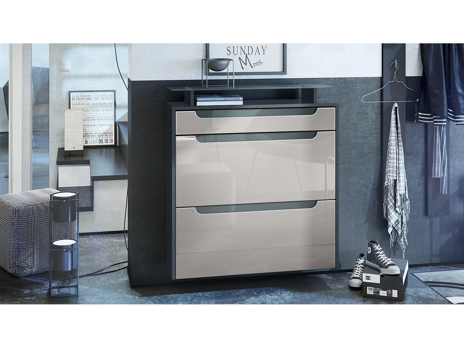 Scarpiera  Annie per 16 paia di scarpe con 2 ante a ribalta e ripiano in vetro, opaco antracite/grigio sabbia, maniglie incassate in grigio lucido (89 x 96 x 23 cm)