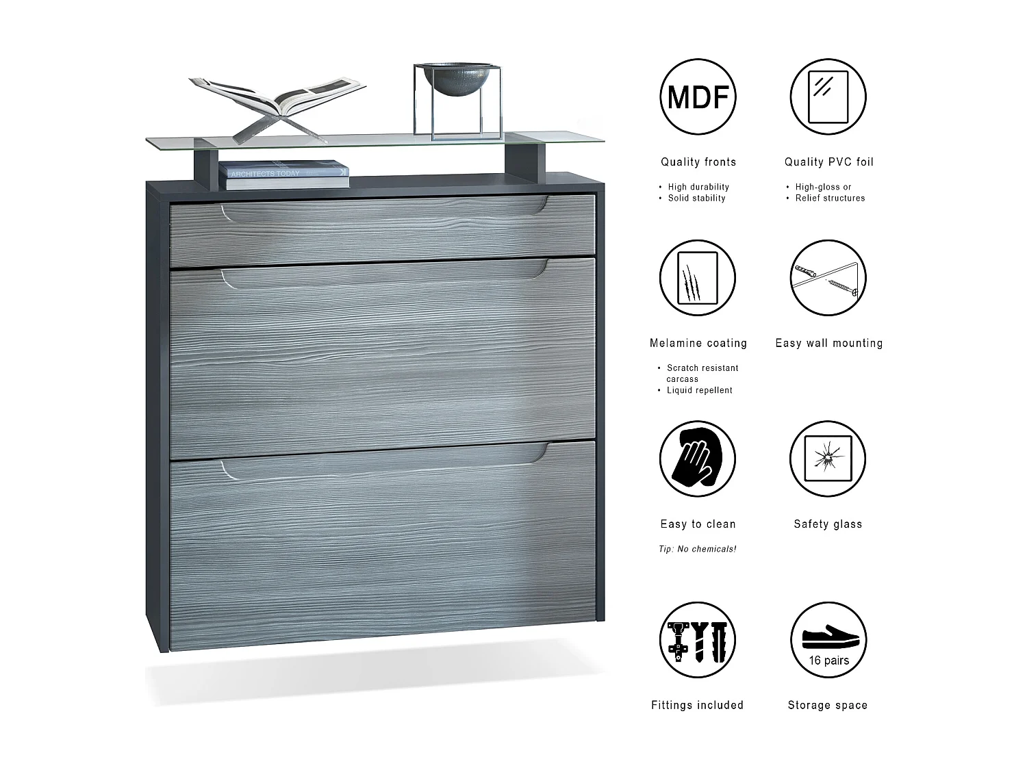 Scarpiera  Annie per 16 paia di scarpe con 2 ante a ribalta e ripiano in vetro, opaco antracite/grigio sabbia, maniglie incassate in grigio lucido (89 x 96 x 23 cm)