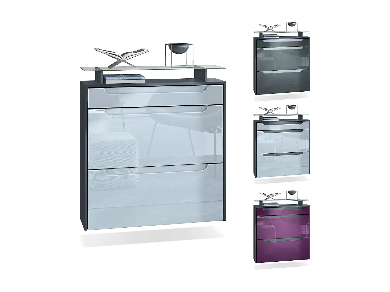 Scarpiera  Annie per 16 paia di scarpe con 2 ante a ribalta e ripiano in vetro, opaco antracite/grigio sabbia, maniglie incassate in grigio lucido (89 x 96 x 23 cm)