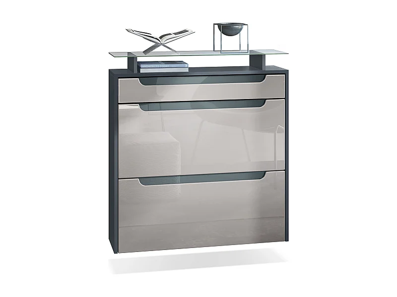 SCHUHSCHRANK Annie Fronten in Sandgrau Hochglanz, Griffmulden in Grau Hochglanz