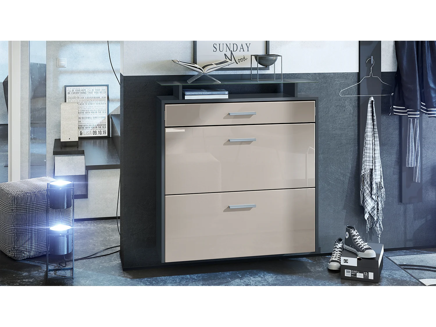 Scarpiera Vladon Malea, antracite opaco /grigio sabbia lucido - carrello appeso per 16 paia di scarpe (89 x 96 x 23 cm)