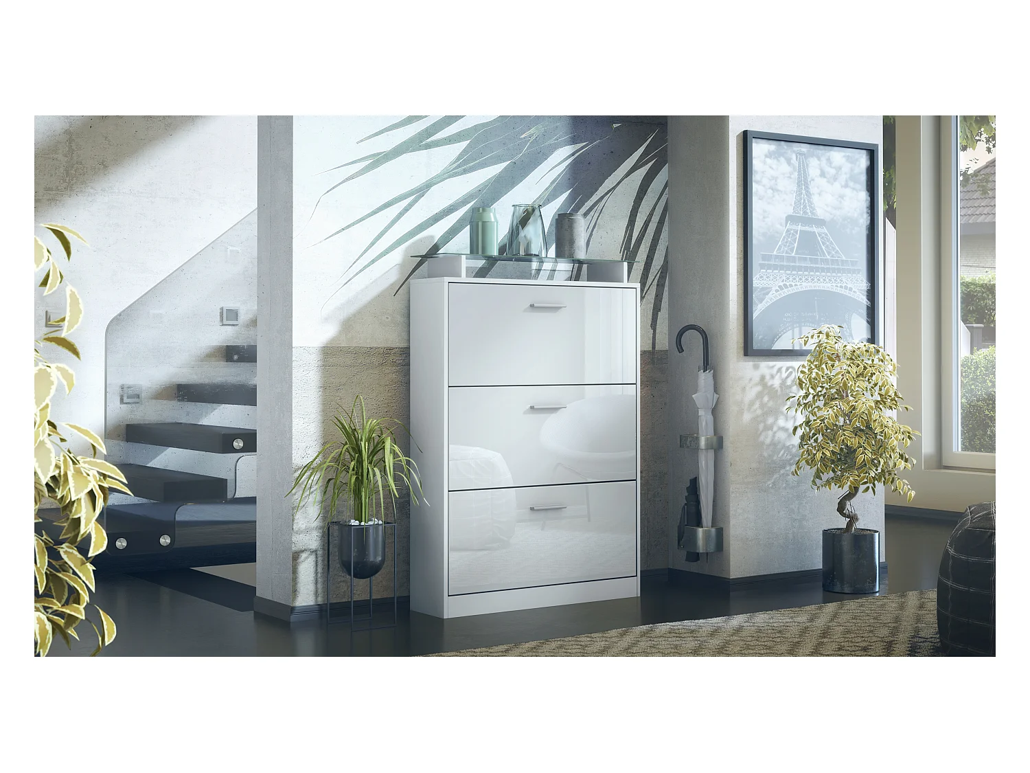 Meuble à chaussures Lavia, basculant pour 24 paires de chaussures avec 3 clapets et étagère en verre, Blanc mat/Blanc haute brillance (89 x 128 x 23 cm)