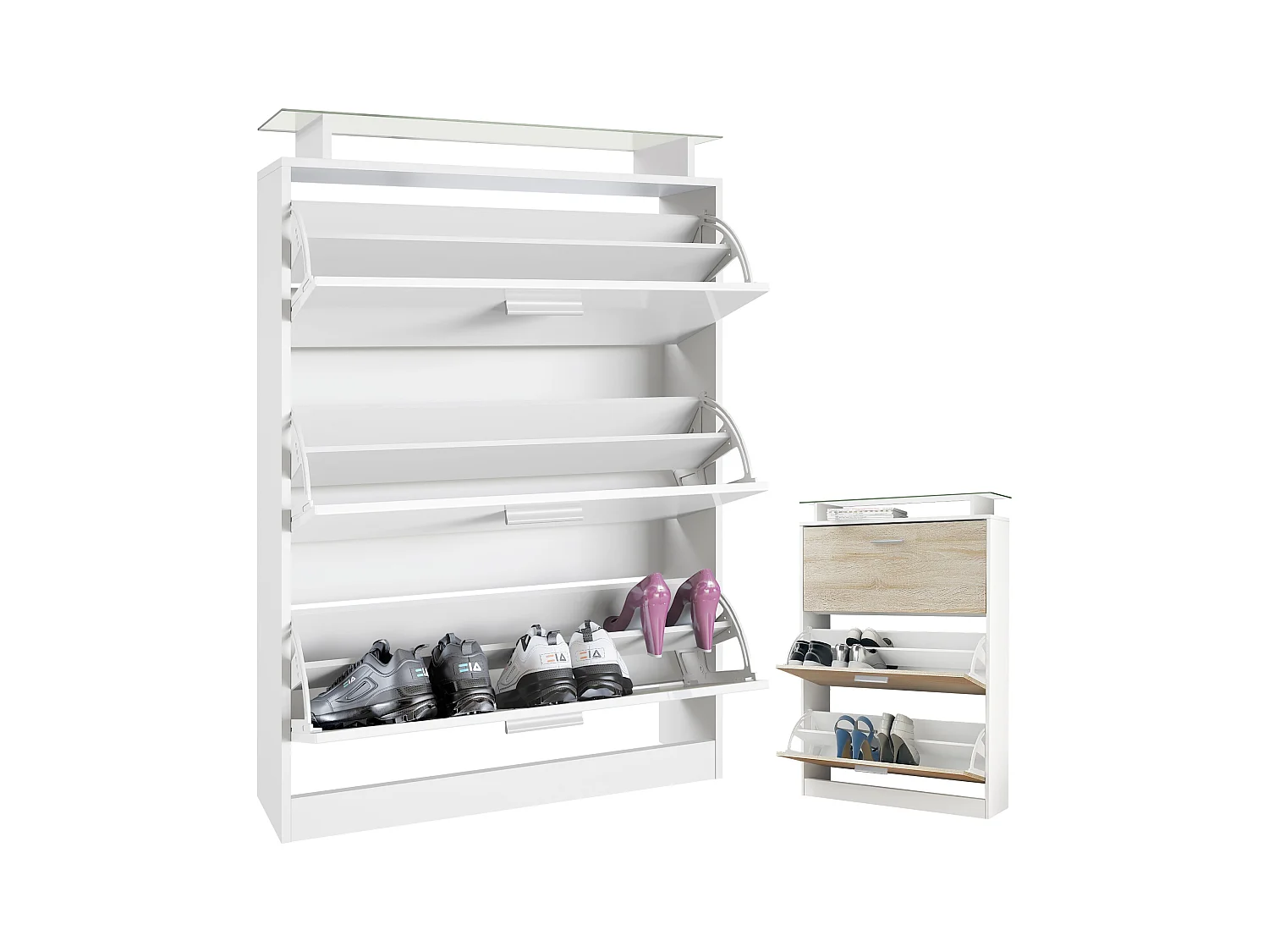 Meuble à chaussures Lavia, basculant pour 24 paires de chaussures avec 3 clapets et étagère en verre, Blanc mat/Blanc haute brillance (89 x 128 x 23 cm)