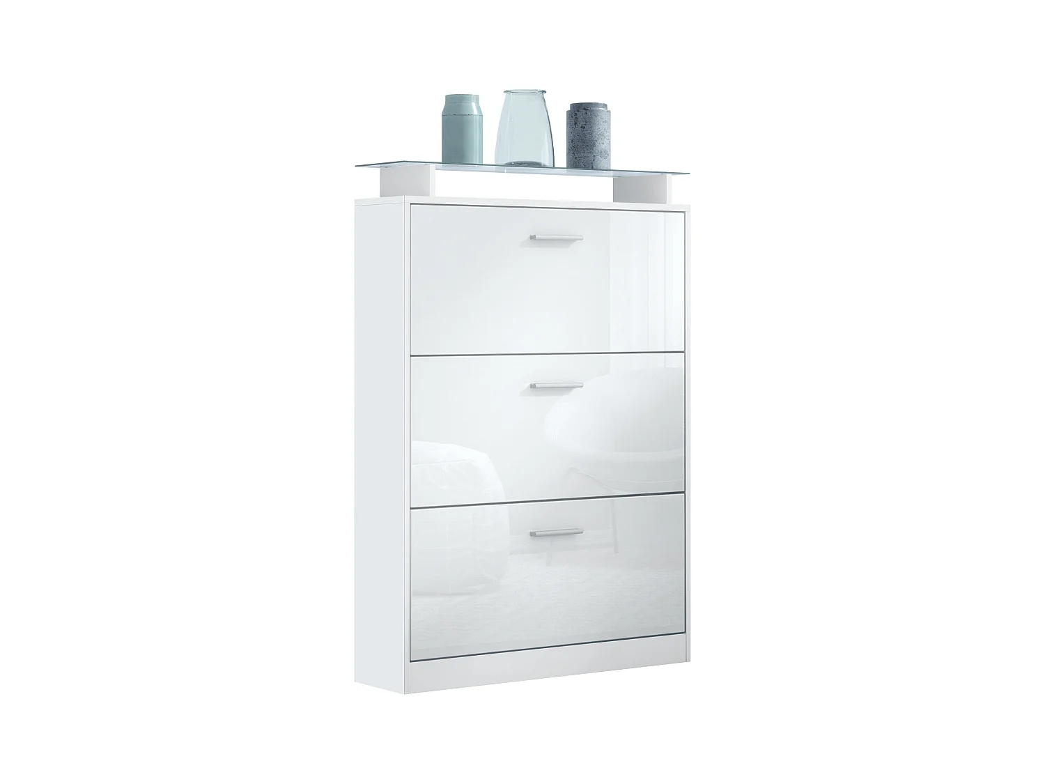 Meuble à chaussures Lavia, basculant pour 24 paires de chaussures avec 3 clapets et étagère en verre, Blanc mat/Blanc haute brillance (89 x 128 x 23 cm)