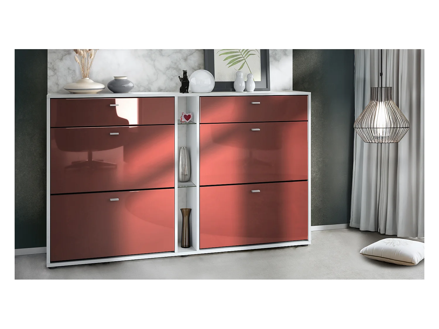 Meuble à chaussures à bascule Today 155,5 x 95 x 28 cm, corps en Blanc mat, façades en bordeaux haute brillance