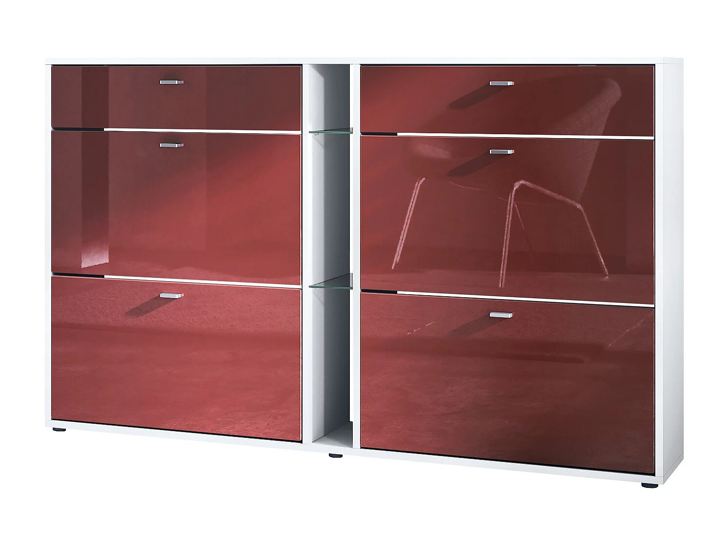 Scarpiera Today con 4 ante e 2 cassetti 155,5 x 95 x 28 cm, struttura in bianco opaco, frontali in bordeaux lucido