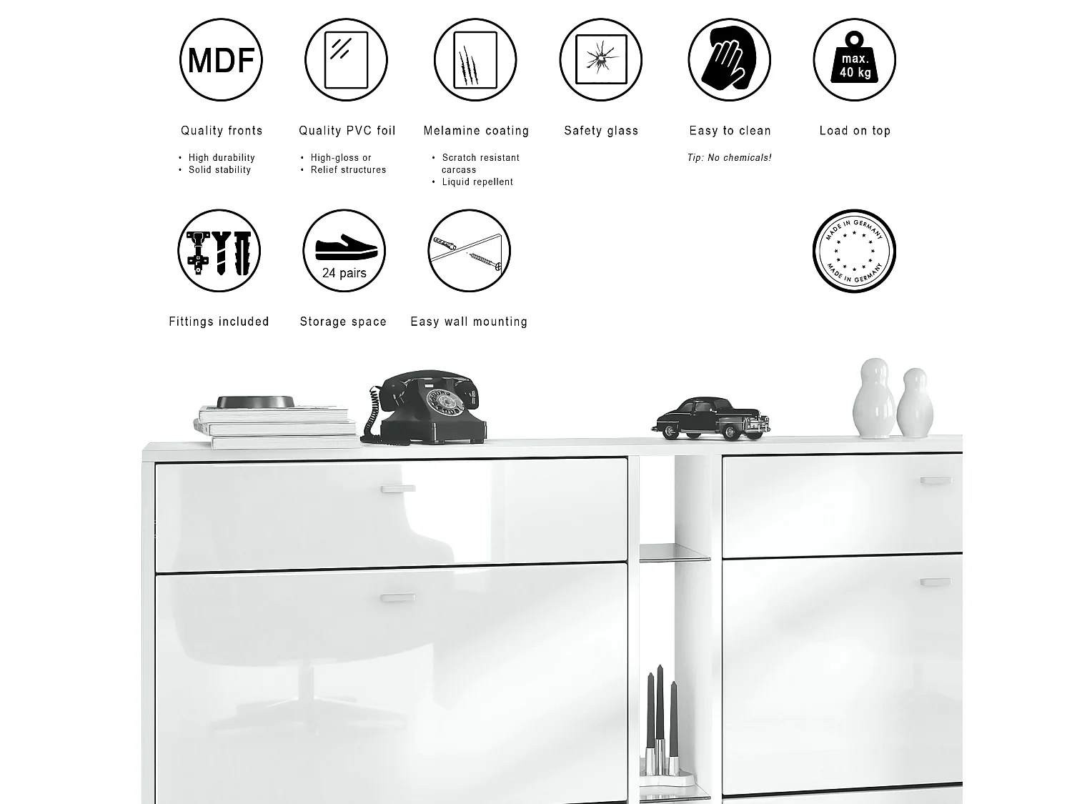 Scarpiera Today con 4 ante e 2 cassetti 155,5 x 95 x 28 cm, struttura in bianco opaco, frontali in bordeaux lucido