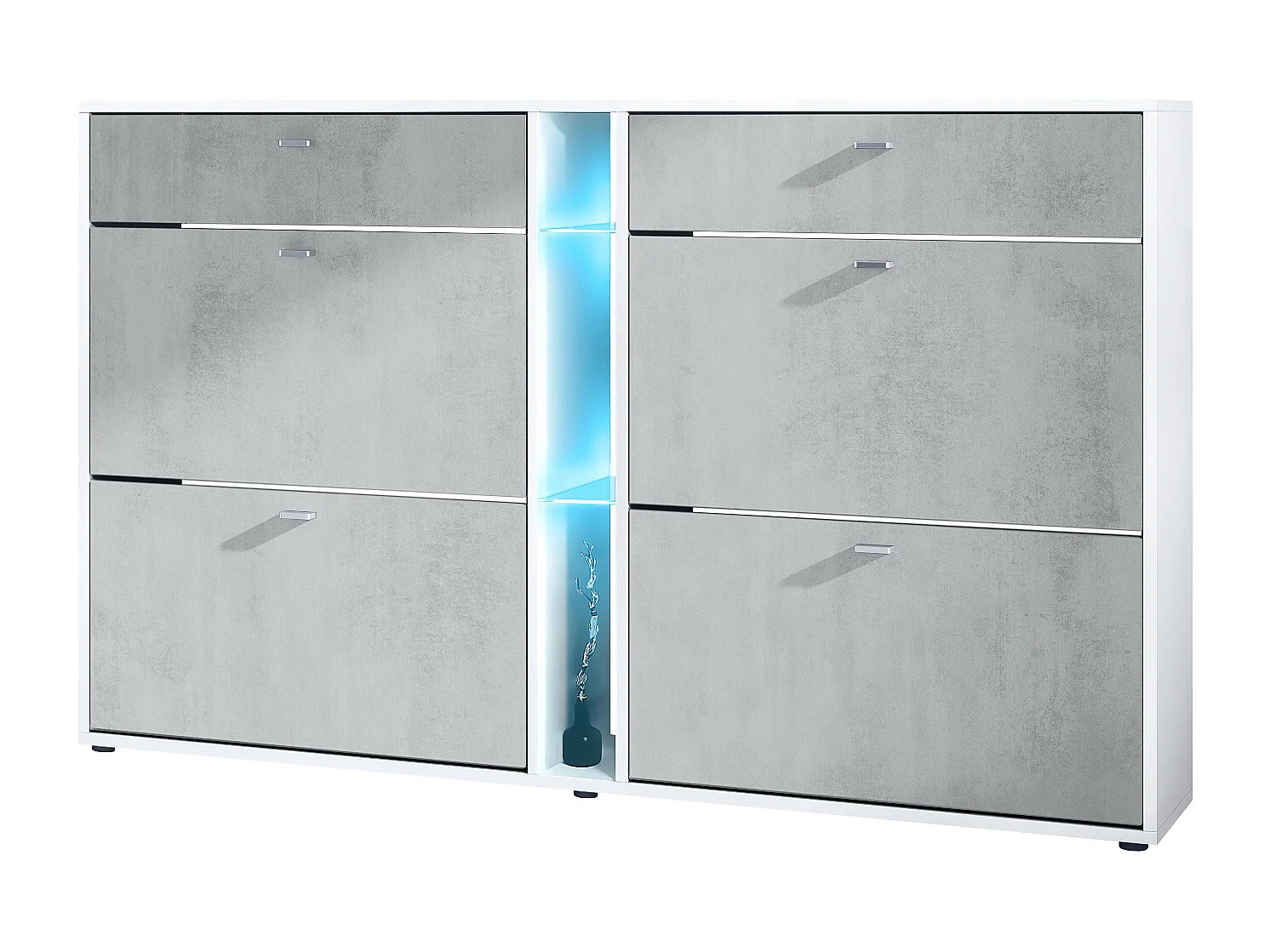 Meuble à chaussures à bascule Today 155,5 x 95 x 28 cm, avec un éclairage LED bleu, corps en Blanc mat, façades en aspect béton oxyde