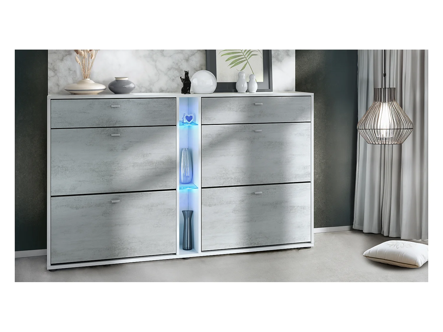 Meuble à chaussures à bascule Today 155,5 x 95 x 28 cm, avec un éclairage LED bleu, corps en Blanc mat, façades en aspect béton oxyde