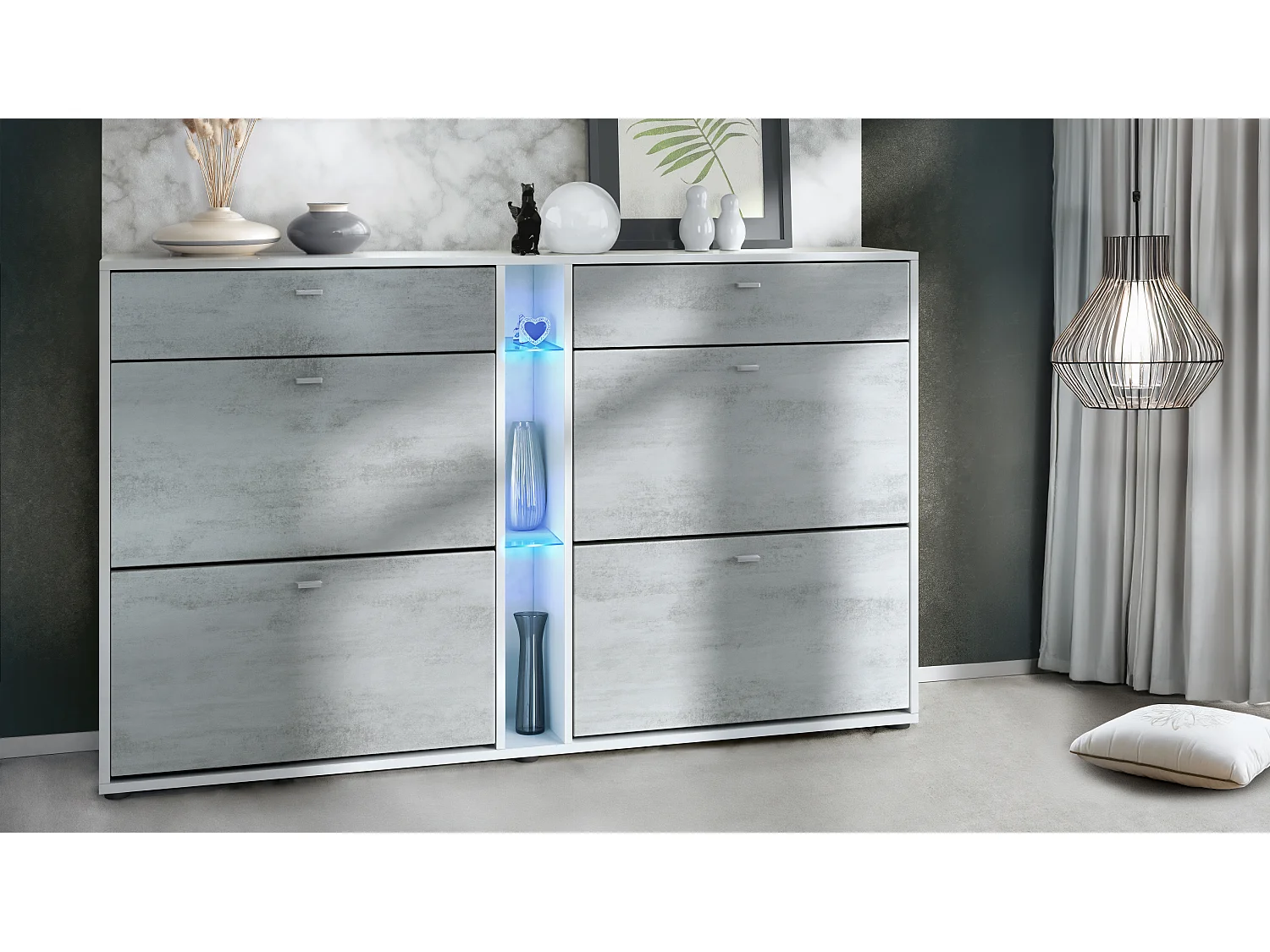 Meuble à chaussures à bascule Today 155,5 x 95 x 28 cm, avec un éclairage LED bleu, corps en Blanc mat, façades en aspect béton oxyde