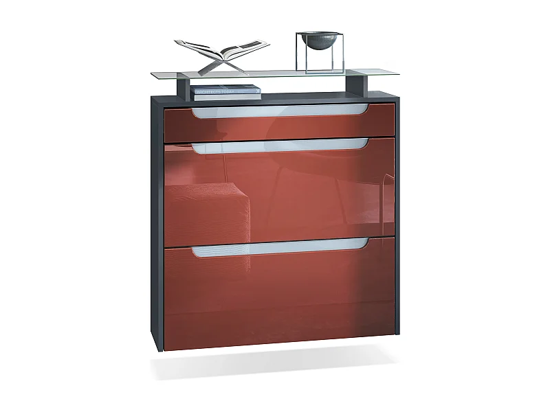 Meuble chaussures Annie pour 16 paires de chaussures avec clapets, Anthracite mat/Bordeaux brillant, poignées Blanc brillant (89x96x23 cm)