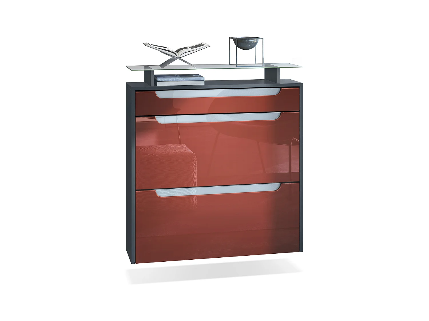 Meuble chaussures Annie pour 16 paires de chaussures avec clapets, Anthracite mat/Bordeaux brillant, poignées Blanc brillant (89x96x23 cm)