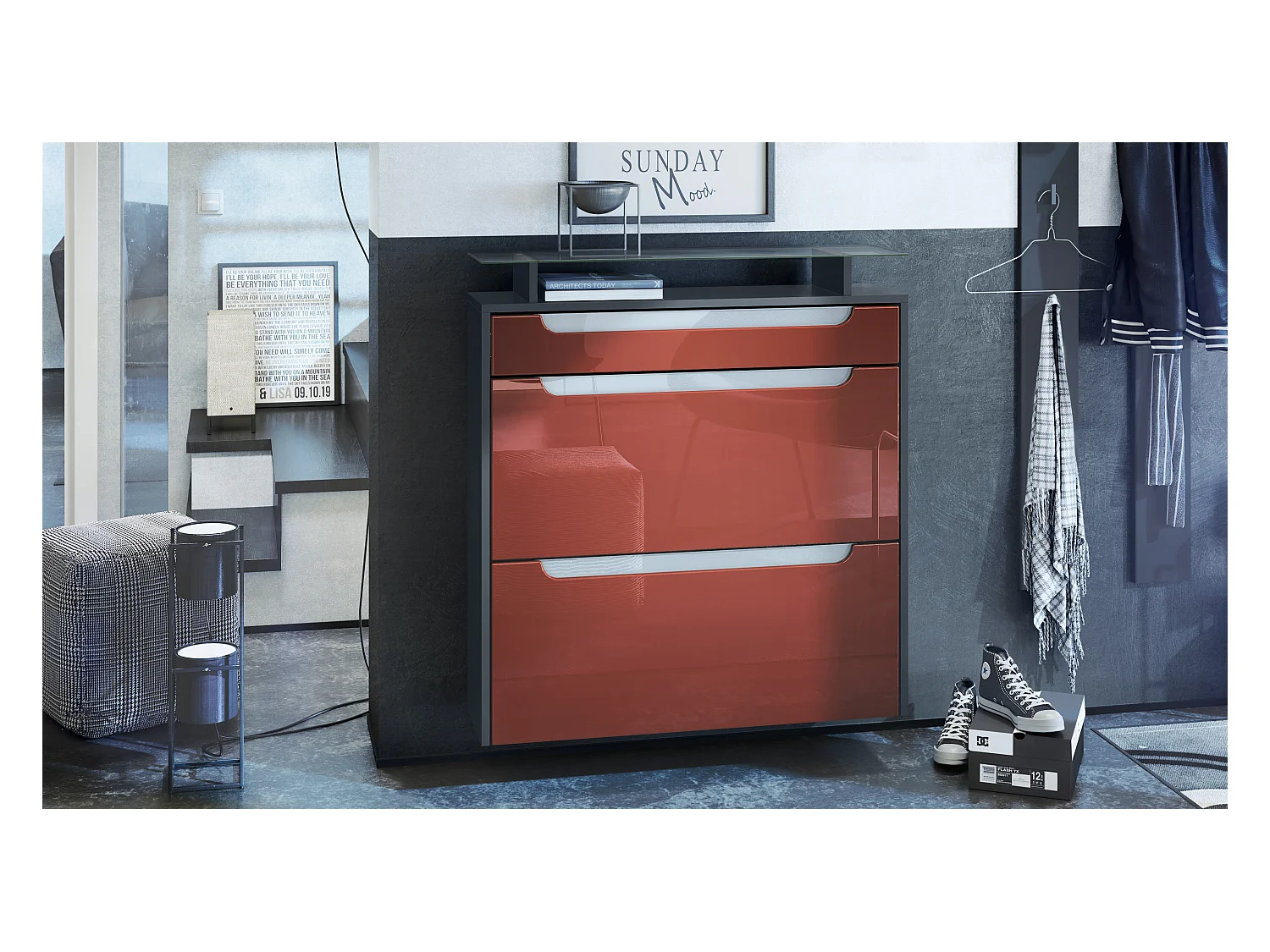 Meuble chaussures Annie pour 16 paires de chaussures avec clapets, Anthracite mat/Bordeaux brillant, poignées Blanc brillant (89x96x23 cm)