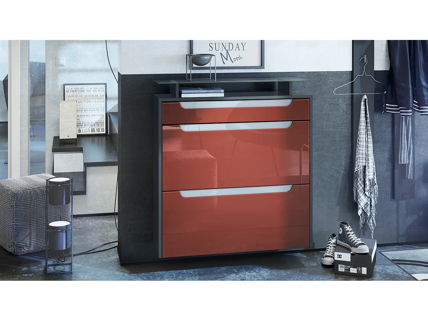 Scarpiera  Annie per 16 paia di scarpe con 2 ante a ribalta e ripiano in vetro, antracite/bordeaux lucido, maniglie incassate in bianco lucido (89 x 96 x 23 cm)