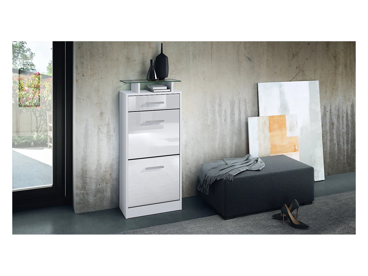 Meuble chaussure Loret V2, Étagère à chaussures pour 8 paires de chaussures avec 2 clapets, 1 tiroir, Blanc mat/Blanc brillant (46 x 104 x 23 cm)