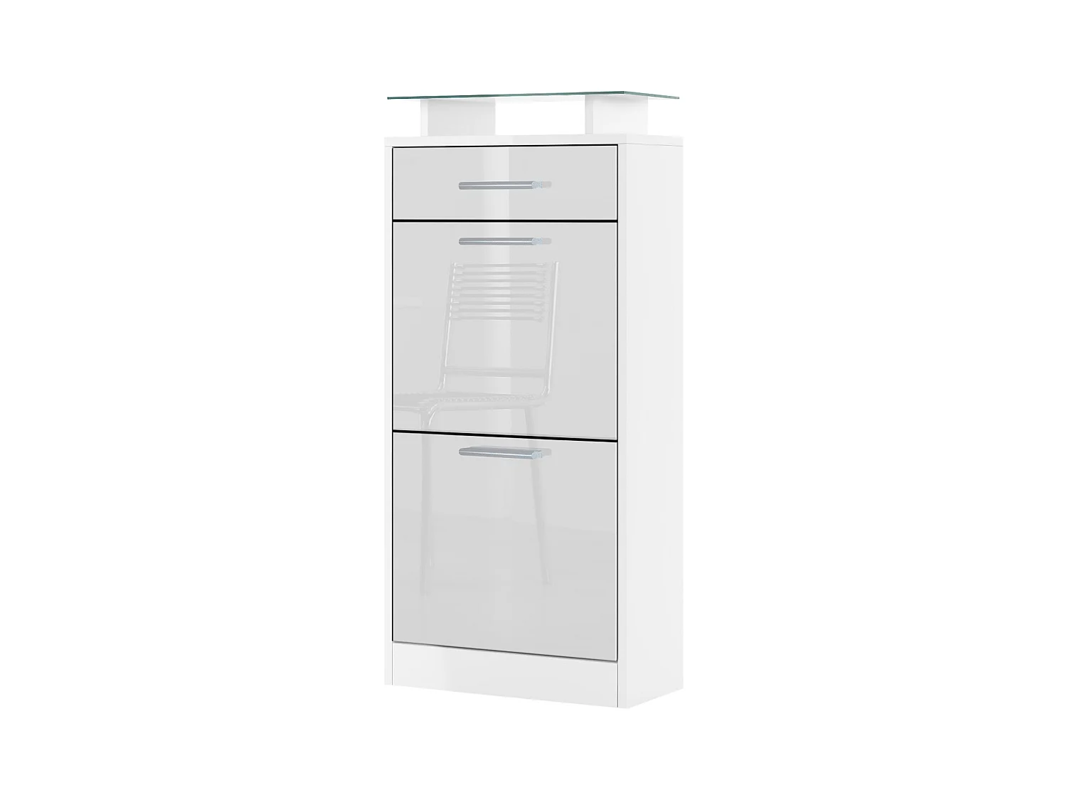Meuble chaussure Loret V2, Étagère à chaussures pour 8 paires de chaussures avec 2 clapets, 1 tiroir, Blanc mat/Blanc brillant (46 x 104 x 23 cm)