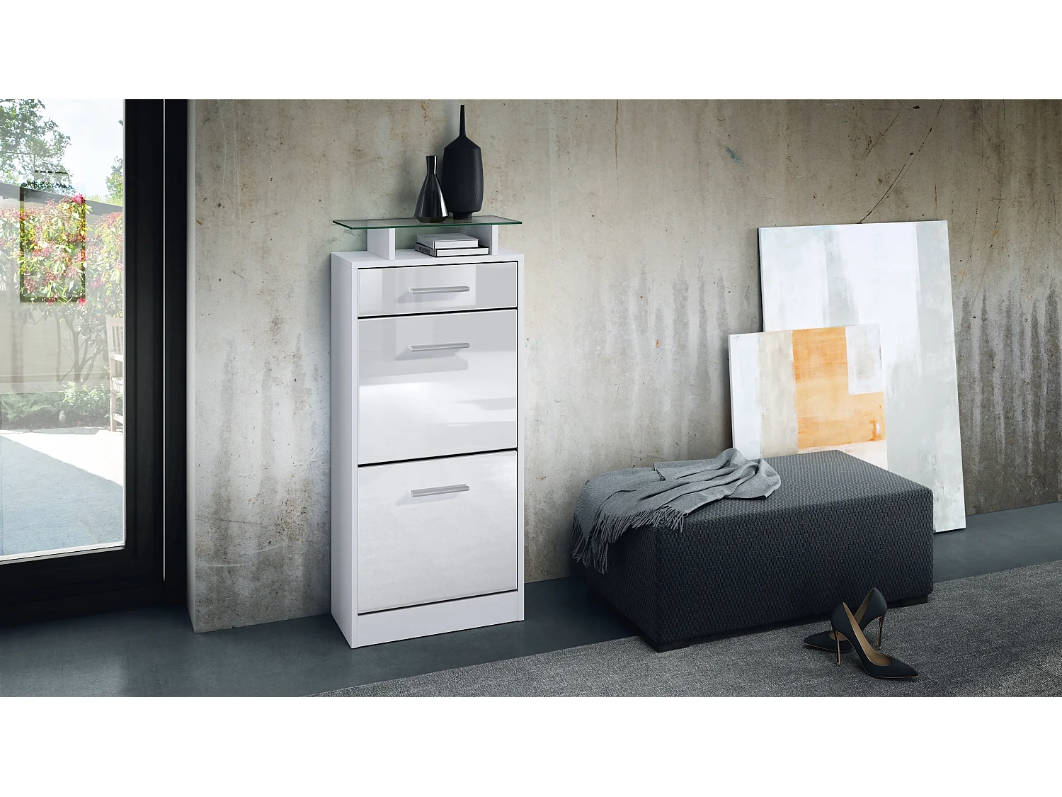 Meuble chaussure Loret V2, Étagère à chaussures pour 8 paires de chaussures avec 2 clapets, 1 tiroir, Blanc mat/Blanc brillant (46 x 104 x 23 cm)