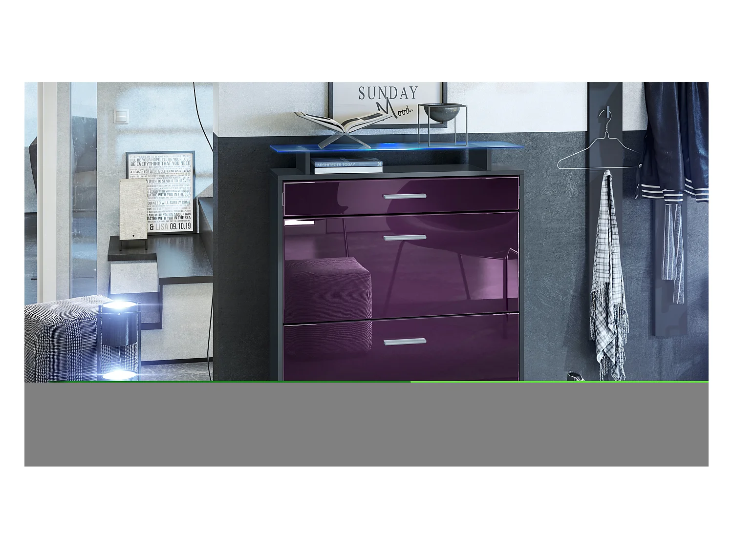 Armoire à chaussures Malea de , anthracite mat/mûre brillant y compris LED - basculeur à chaussures suspendu pour 16 paires de chaussures (89 x 96 x 23 cm)