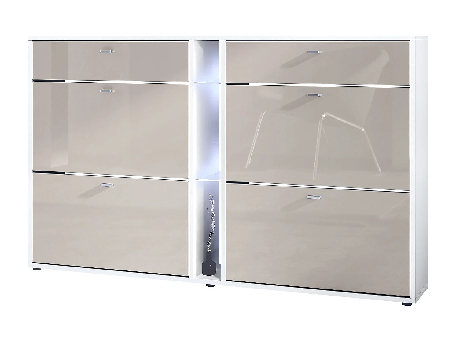 Scarpiera Today con 4 ante e 2 cassetti 155,5 x 95 x 28 cm, con illuminazione LED bianca, struttura in bianco opaco, frontali in grigio sabbia lucido