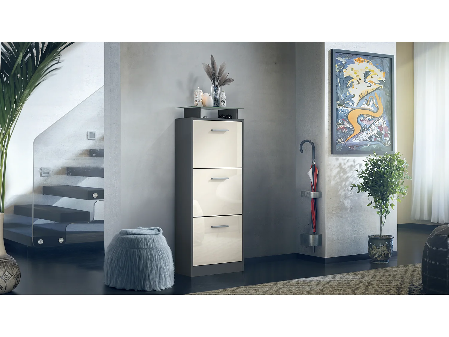 Vladon Scarpiera Lavia V2, Scarpiera per 12 Paia di Scarpe con 3 Ribalte e Mensola in Vetro, antracite opaco /beige lucido (46 x 128 x 23 cm)