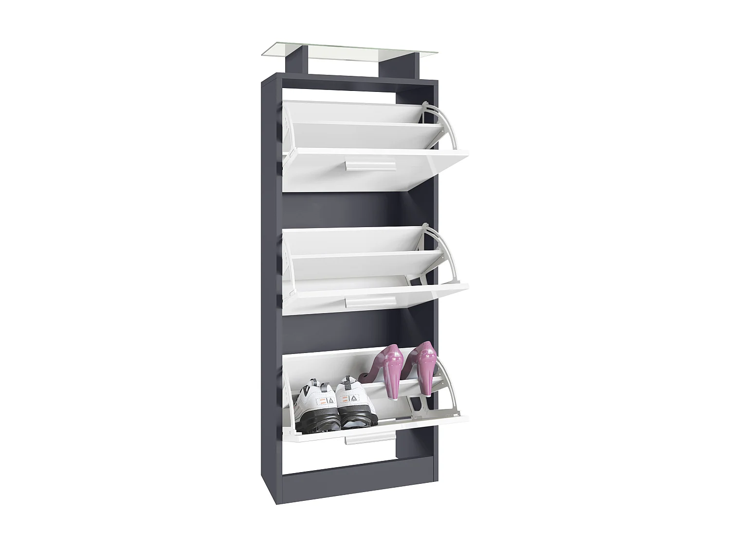 Vladon Scarpiera Lavia V2, Scarpiera per 12 Paia di Scarpe con 3 Ribalte e Mensola in Vetro, antracite opaco /beige lucido (46 x 128 x 23 cm)