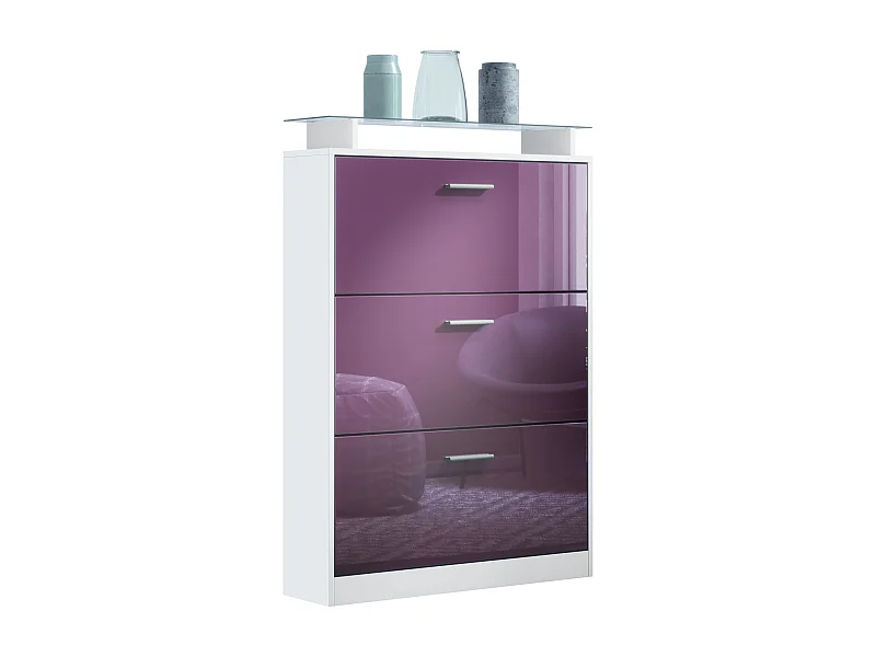Meuble à chaussures Lavia, basculant pour 24 paires de chaussures avec 3 clapets et étagère en verre, Blanc mat/Mûre haute brillance (89 x 128 x 23 cm)
