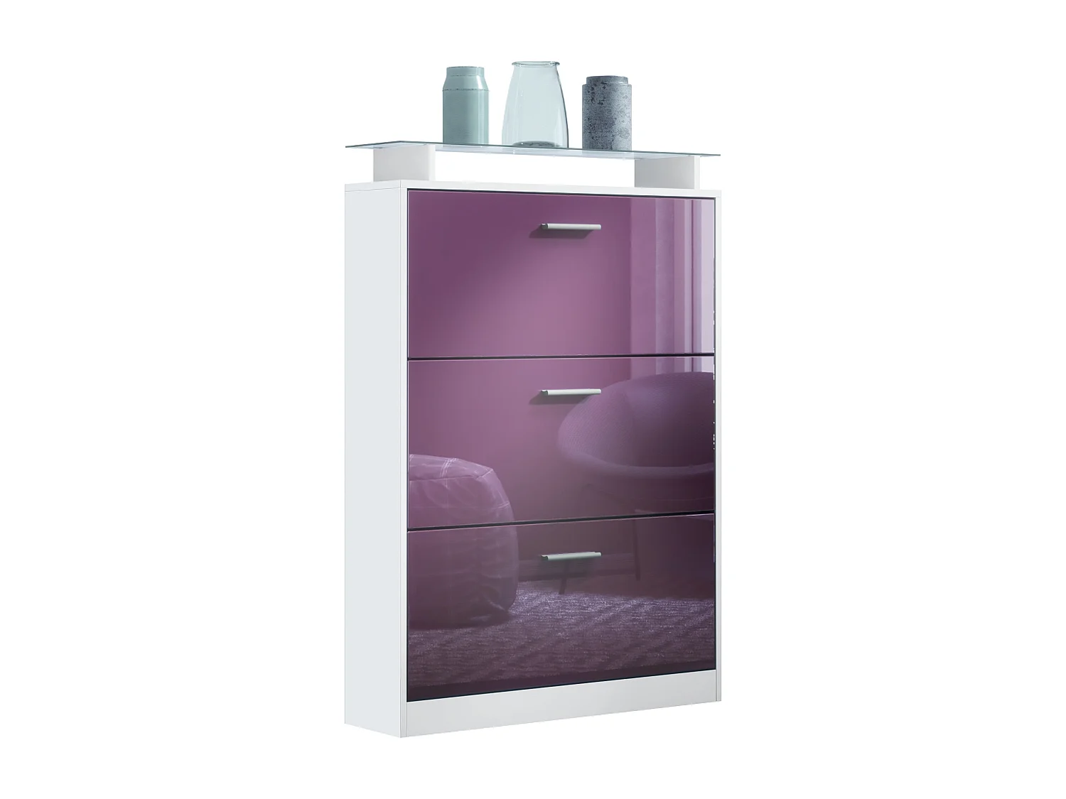 Meuble à chaussures Lavia, basculant pour 24 paires de chaussures avec 3 clapets et étagère en verre, Blanc mat/Mûre haute brillance (89 x 128 x 23 cm)