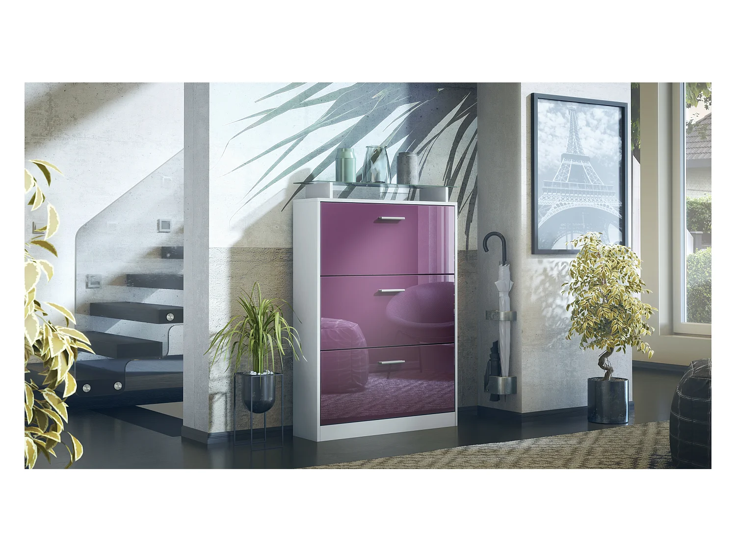 Meuble à chaussures Lavia, basculant pour 24 paires de chaussures avec 3 clapets et étagère en verre, Blanc mat/Mûre haute brillance (89 x 128 x 23 cm)