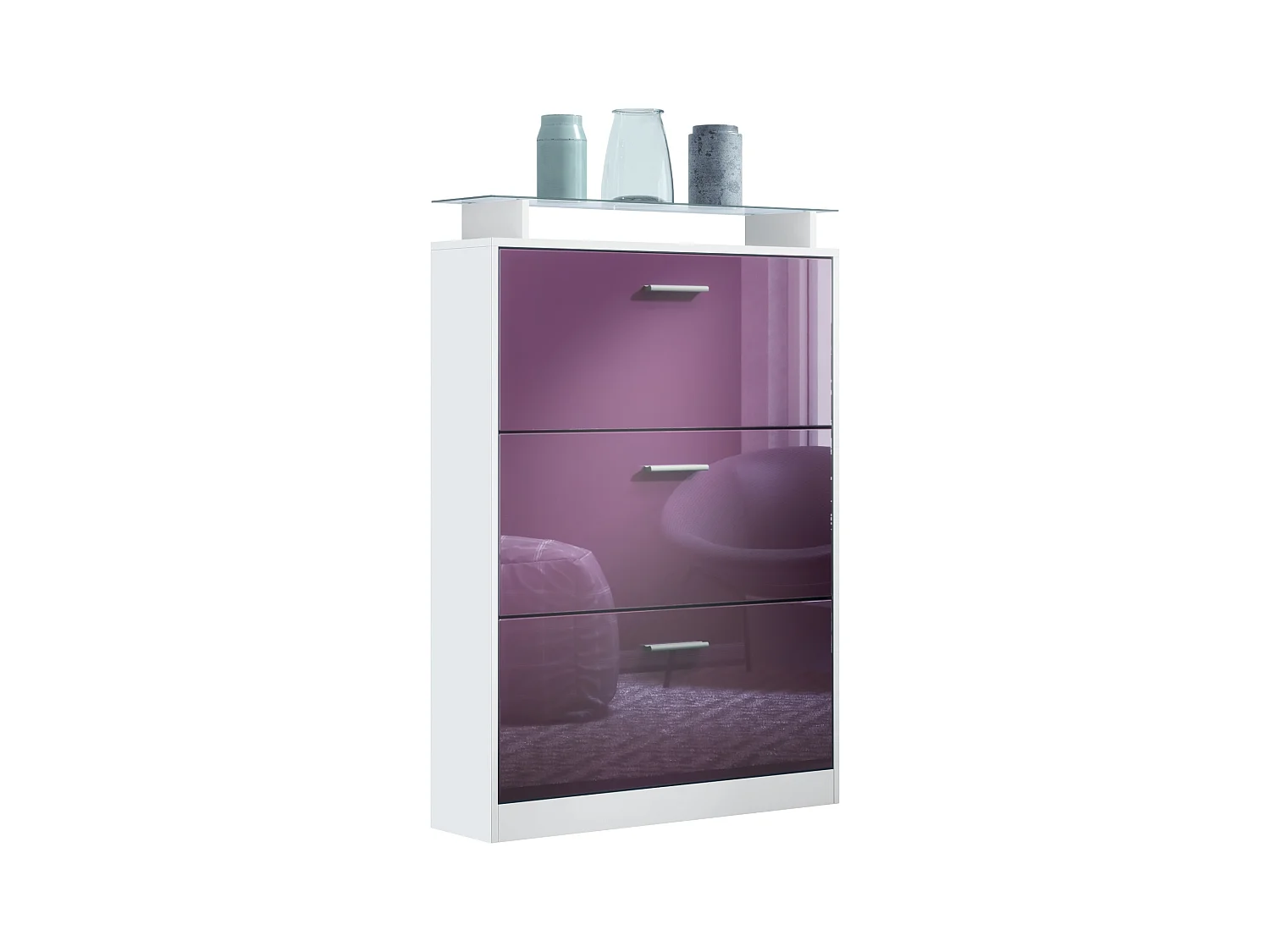 Meuble à chaussures Lavia, basculant pour 24 paires de chaussures avec 3 clapets et étagère en verre, Blanc mat/Mûre haute brillance (89 x 128 x 23 cm)
